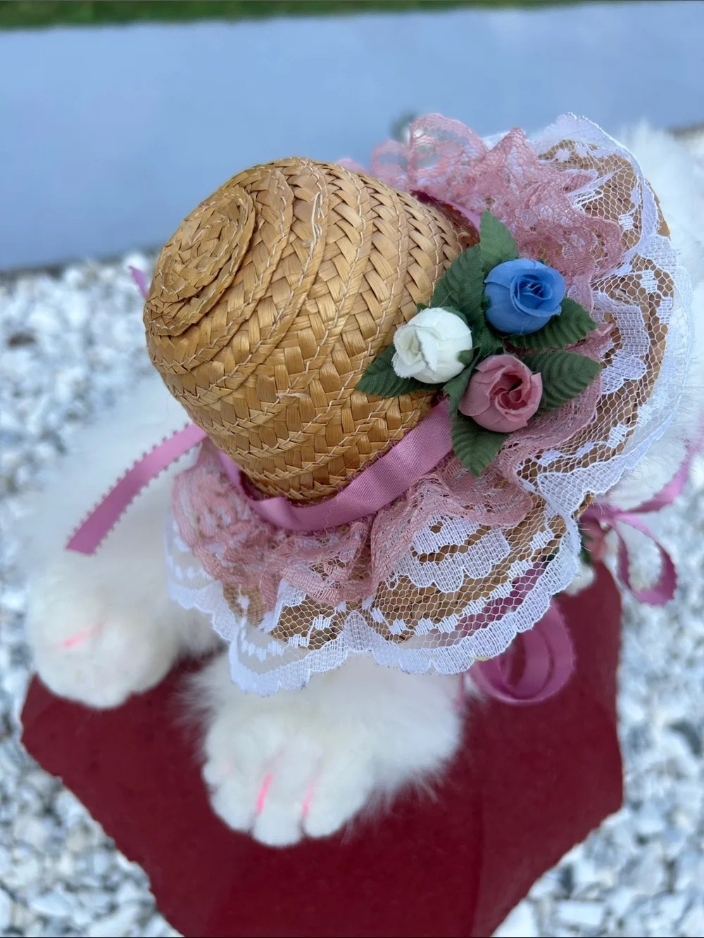 White Plush Cat Toy with Pink Ribbon and Floral Hat